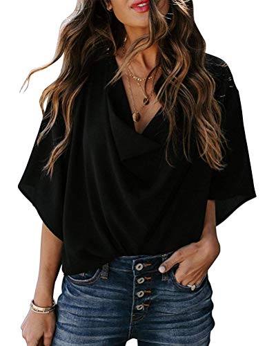 Minetom Damen Fledermaus Batwing Chiffonbluse Tunika T-Shirt Top Bluse Kurzarm Drapieren V Ausschnitt Sommer Casual Loose Fit Elegant Hemd Schwarz 46 von Minetom