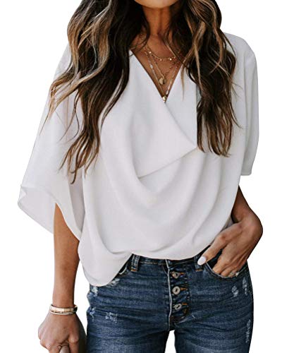 Minetom Damen Fledermaus Batwing Chiffonbluse Tunika T-Shirt Top Bluse Kurzarm Drapieren V Ausschnitt Sommer Casual Loose Fit Elegant Hemd Weiß 38 von Minetom