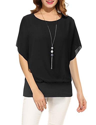 Minetom Damen Fledermaus Batwing Chiffonbluse Tunika T-Shirt Top Bluse Kurzarm Rundkragen Sommer Casual Loose Fit Schwarz XL von Minetom