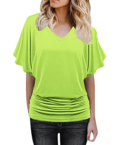 Minetom Damen Fledermaus Batwing Chiffonbluse Tunika T-Shirt Top Bluse Kurzarm V-Ausschnitt Sommer Loose Fit Hemd A Hellgrün L von Minetom