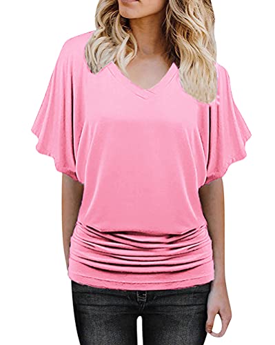 Minetom Damen Fledermaus Batwing Chiffonbluse Tunika T-Shirt Top Bluse Kurzarm V-Ausschnitt Sommer Loose Fit Hemd A Rosa XL von Minetom