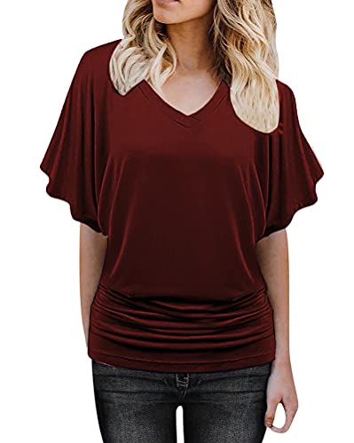 Minetom Damen Fledermaus Batwing Chiffonbluse Tunika T-Shirt Top Bluse Kurzarm V-Ausschnitt Sommer Loose Fit Hemd A Weinrot L von Minetom