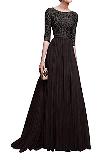 Minetom Damen Frauen Brautjungfernkleid Lang Abendkleider mit Spitze 2/3 Ärmel Brautkleid Partykleider Cocktailkleid Lang Empire Rock aus Chiffon Schwarz DE 44 von Minetom