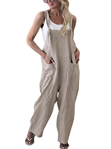 Minetom Damen Frauen Latzhose Beiläufige Lose Lange Jumpsuit Mit Tasche Retro Leinen Strampler Overall Rompers Baggy Hosen Aprikose DE 34 von Minetom