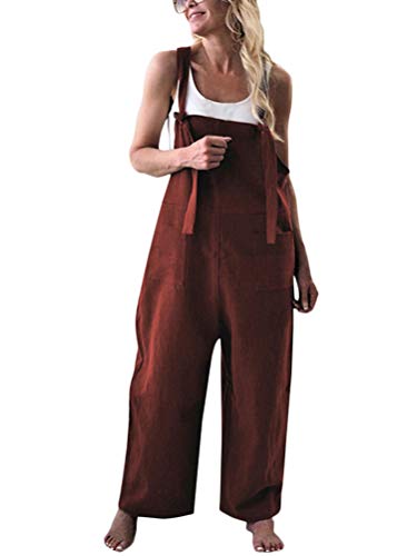 Minetom Damen Frauen Latzhose Beiläufige Lose Lange Jumpsuit Mit Tasche Retro Leinen Strampler Overall Rompers Baggy Hosen Kaffee DE 42 von Minetom