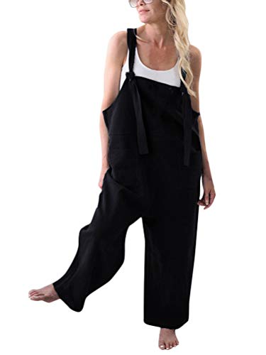 Minetom Damen Frauen Latzhose Beiläufige Lose Lange Jumpsuit Mit Tasche Retro Leinen Strampler Overall Rompers Baggy Hosen Schwarz DE 42 von Minetom