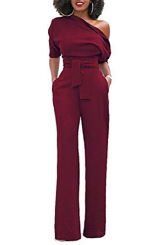 Minetom Damen Frauen Sexy One-Shoulder Feste Overalls Breites Bein Lange Strampler Hose mit Gürtel Elegant Hohe Taille Jumpsuit Rompers Burgund DE 34 von Minetom