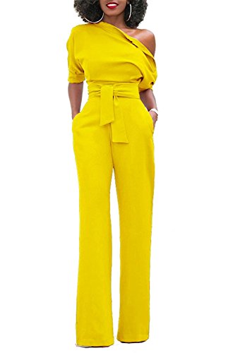 Minetom Damen Frauen Sexy One-Shoulder Feste Overalls Breites Bein Lange Strampler Hose mit Gürtel Elegant Hohe Taille Jumpsuit Rompers Gelb DE 34 von Minetom