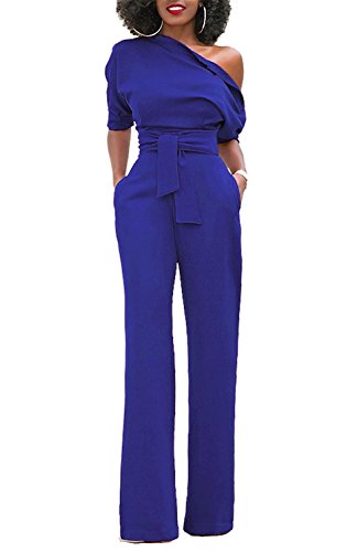 Minetom Damen Frauen Sexy One-Shoulder Feste Overalls Breites Bein Lange Strampler Hose mit Gürtel Elegant Hohe Taille Jumpsuit Rompers Marine DE 42 von Minetom