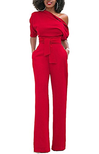 Minetom Damen Frauen Sexy One-Shoulder Feste Overalls Breites Bein Lange Strampler Hose mit Gürtel Elegant Hohe Taille Jumpsuit Rompers Rot DE 36 von Minetom