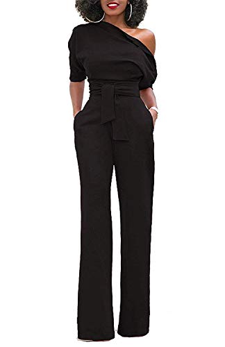 Minetom Damen Frauen Sexy One-Shoulder Feste Overalls Breites Bein Lange Strampler Hose mit Gürtel Elegant Hohe Taille Jumpsuit Rompers Schwarz DE 40 von Minetom