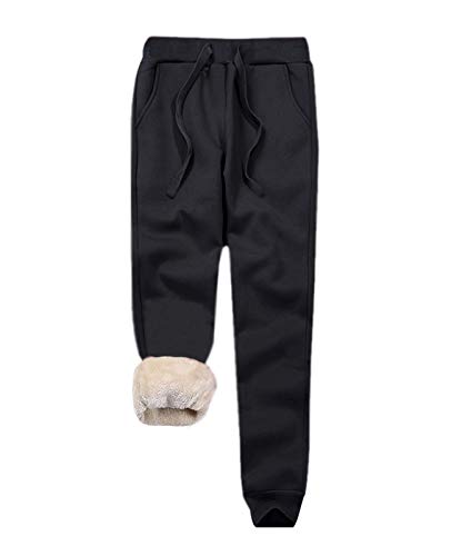 Minetom Damen Frauen Warme Gefüttert Jogginghose Kordelzug Sportlich Jogger Fleece Hosen Winter Stretch Sporthose Trainingshose mit Taschen A Schwarz L von Minetom