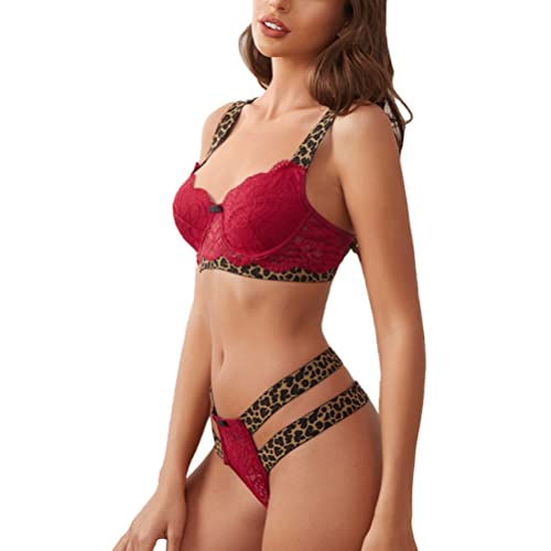 Minetom Damen Frauen Zweiteilige Unterwäsche Set 2 Stück Sexy Leopardenmuster Dessous Push Up BH Tanga Split Pyjamas Set Babydoll Negligees D Rot XS von Minetom