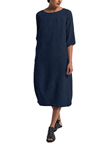 Minetom Damen Freizeit Kleider Leinenkleider 1/2 Ärmel Rundhals Einfarbig Casual Urlaub Sommerkleider Strandkleid Midi Dress Frauen Kostüme Übergröße A Marine DE 46 von Minetom