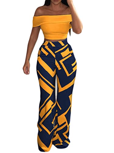 Minetom Damen Freizeitanzug Schulterfrei Bauchfrei Oberteile Crop Top und Hose Hohe Taille Weites Bein Gerade Outfit 2 Stück Kleidung Set A Gelb M von Minetom