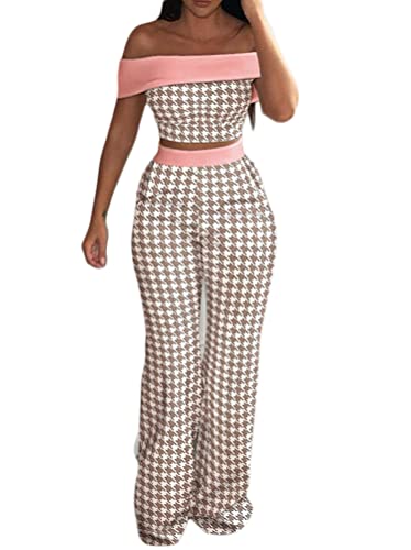 Minetom Damen Freizeitanzug Schulterfrei Bauchfrei Oberteile Crop Top und Hose Hohe Taille Weites Bein Gerade Outfit 2 Stück Kleidung Set A Rosa S von Minetom