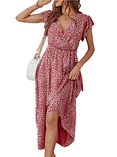 Minetom Damen Freizeitkleid Blumen Lange Kleid Chiffon Rüschen Kurzarm V-Ausschnitt Elegant Boho Strandkleider Sommerkleider mit Gürtel A Rot S von Minetom