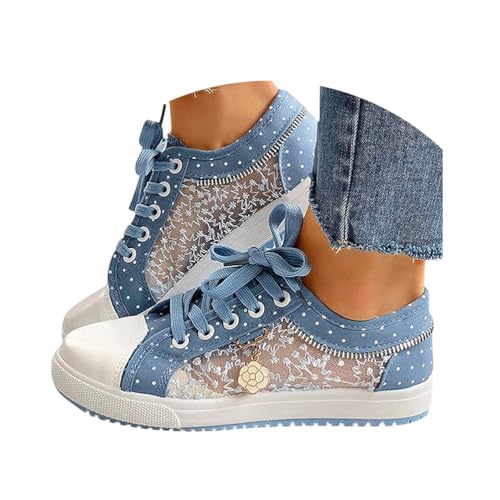 Minetom Damen Freizeitschuhe Bestickte Sneaker Spitze Atmungsaktive Stoffschuhe Frauen Schnürhalbschuhe Laufschuhe Leicht Sportlich Freizeit Flache Schuhe Walkingschuhe C Blau 38 EU von Minetom
