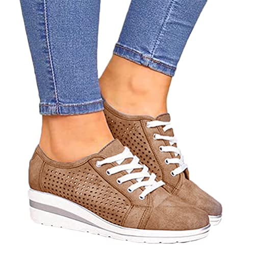 Minetom Damen Freizeitschuhe Flache Schuhe Mit Keilabsatz Schnürhalbschuhe Bequeme Mesh Atmungsaktiv Damen-Sneaker Freizeit Turnschuhe Wanderschuhe Sportschuhe Laufschuhe B Braun 38 EU von Minetom