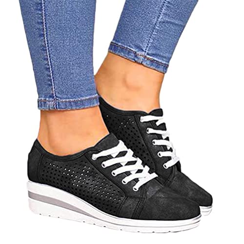 Minetom Damen Freizeitschuhe Flache Schuhe Mit Keilabsatz Schnürhalbschuhe Bequeme Mesh Atmungsaktiv Damen-Sneaker Freizeit Turnschuhe Wanderschuhe Sportschuhe Laufschuhe B Schwarz 43 EU von Minetom