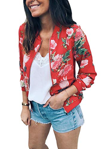 Minetom Damen Frühling Blouson Mode Floral Baseball Mantel Tops Coat Bomberjacke Bikerjacke Reißverschluss Fliegerjacke Kurzjacke 01 Rot DE 38 von Minetom