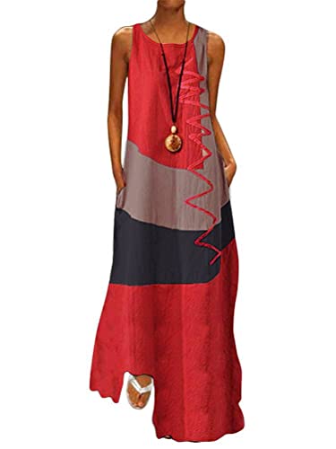 Minetom Damen Gestreift Lange Boho Kleid Übergröße Maxikleid Dame Strand Sommerkleid Lange Kleider Ärmellos Partykleid Festliches Kleid große größen B Rot 50 von Minetom