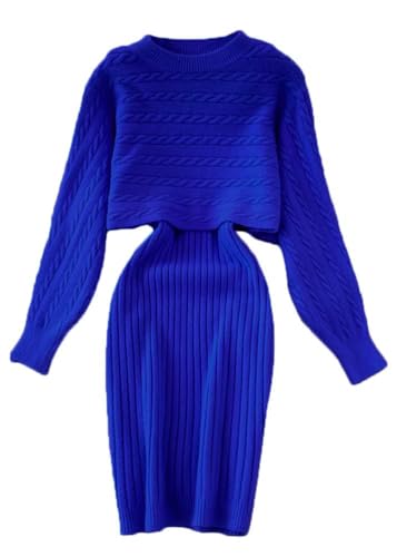 Minetom Damen Gestrickt Kleid Set Oberteil Pullover Pulli und Kleid Bodycon 2 Teiliges Sweater Langarm Strickkleid Pullikleid Midikleid B Dunkelblau XS von Minetom