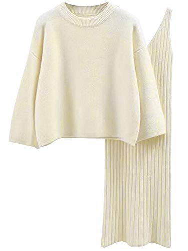 Minetom Damen Gestrickt Kleid Set Oberteil Pullover Pulli und Kleid Bodycon 2 Teiliges Sweater Langarm Strickkleid Pullikleid Minikleid Beige Einheitsgröße von Minetom