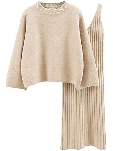 Minetom Damen Gestrickt Kleid Set Oberteil Pullover Pulli und Kleid Bodycon 2 Teiliges Sweater Langarm Strickkleid Pullikleid Minikleid Khaki Einheitsgröße von Minetom