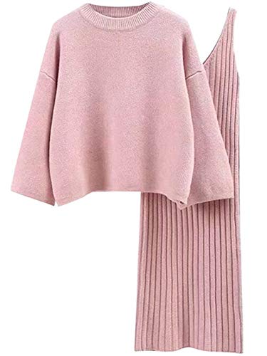 Minetom Damen Gestrickt Kleid Set Oberteil Pullover Pulli und Kleid Bodycon 2 Teiliges Sweater Langarm Strickkleid Pullikleid Minikleid Rosa Einheitsgröße von Minetom