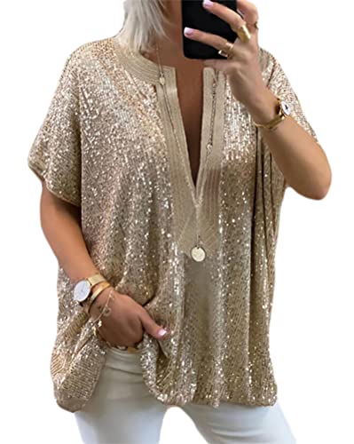 Minetom Damen Glänzend Pailletten T-Shirt Kurzarm Blusen V-Ausschnitt Lose Oversize Shirt Casual Oberteile Top A Gold L von Minetom