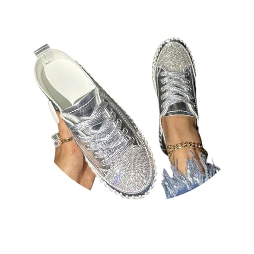 Minetom Damen Glitzer Turnschuhe Strass Sneaker Metallische Pailletten Tennisschuhe Flache Low Schnürsenkel Walkingschuhe A Silber 39 EU von Minetom
