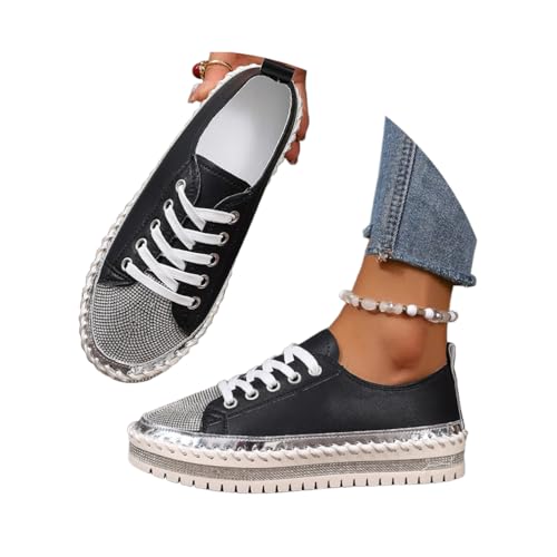 Minetom Damen Glitzer Turnschuhe Strass Sneaker Metallische Pailletten Tennisschuhe Pailletten Flache Low Schnürsenkel Walkingschuhe A Schwarz 37 EU von Minetom