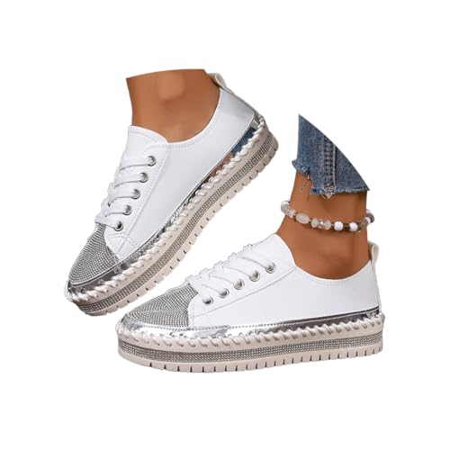 Minetom Damen Glitzer Turnschuhe Strass Sneaker Metallische Pailletten Tennisschuhe Pailletten Flache Low Schnürsenkel Walkingschuhe A Weiß 38 EU von Minetom