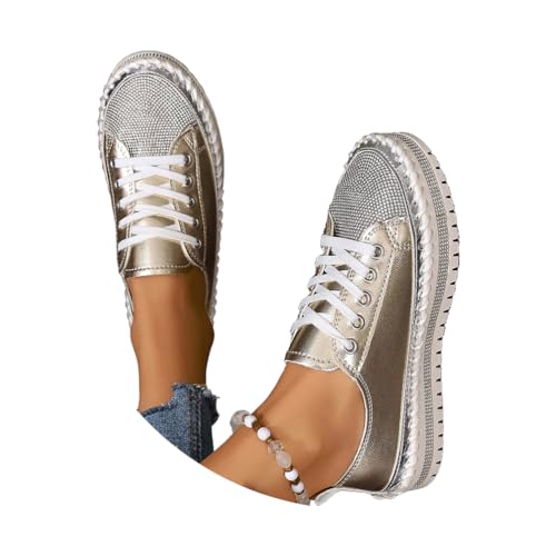 Minetom Damen Glitzer Turnschuhe Strass Sneaker Metallische Pailletten Tennisschuhe Pailletten Flache Low Schnürsenkel Walkingschuhe A1 Gold 41 EU von Minetom