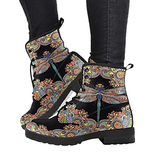 Minetom Damen Gothic Chelsea Boots Frauen Punk Stiefeletten Biker Boots Winter Knöchel Stiefel Mit Blockabsatz Gotisch Drucken Kurze Stiefel A Libelle 36 EU von Minetom