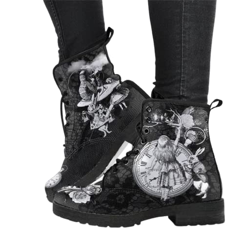 Minetom Damen Gothic Chelsea Boots Frauen Punk Stiefeletten Biker Boots Winter Knöchel Stiefel Mit Blockabsatz Gotisch Drucken Kurze Stiefel A1 Schwarz 39 EU von Minetom