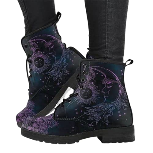 Minetom Damen Gothic Chelsea Boots Frauen Punk Stiefeletten Biker Boots Winter Knöchel Stiefel Mit Blockabsatz Gotisch Drucken Kurze Stiefel B Mond 42 EU von Minetom