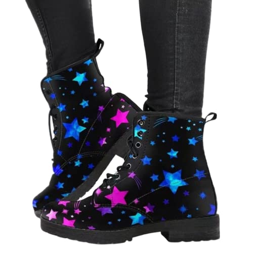 Minetom Damen Gothic Chelsea Boots Frauen Punk Stiefeletten Biker Boots Winter Knöchel Stiefel Mit Blockabsatz Gotisch Drucken Kurze Stiefel B Stern 36 EU von Minetom