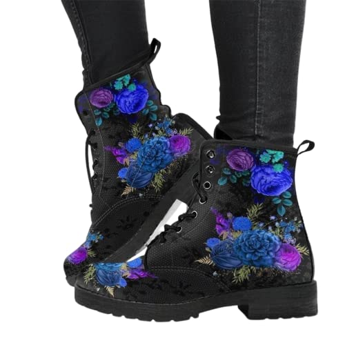 Minetom Damen Gothic Chelsea Boots Frauen Punk Stiefeletten Biker Boots Winter Knöchel Stiefel Mit Blockabsatz Gotisch Drucken Kurze Stiefel C Blau 36 EU von Minetom