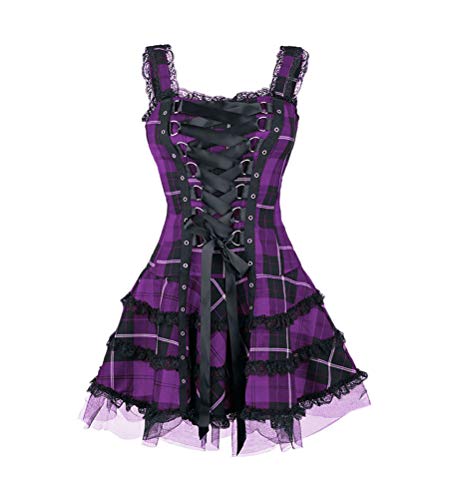 Minetom Damen Gothic Kleid Kariertes Schnüren Minikleid Strap Kleid Street Punk Cosplay Kleid Steampunk Vintage Rockabilly Kleid Violett L von Minetom