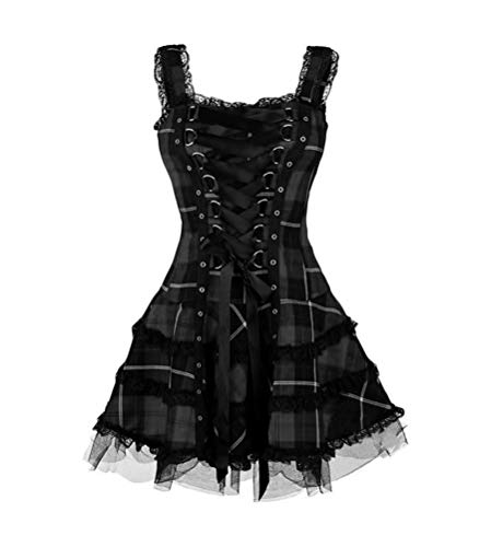 Minetom Damen Gothic Kleid Kariertes Schnüren Minikleid Strap Kleid Street Punk Halloween Cosplay Kleid Steampunk Rockabilly Kleid A Schwarz XL von Minetom