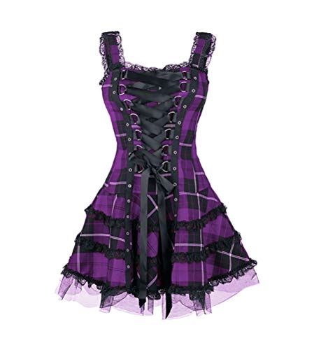 Minetom Damen Gothic Kleid Kariertes Schnüren Minikleid Strap Kleid Street Punk Halloween Cosplay Kleid Steampunk Rockabilly Kleid A Violett M von Minetom