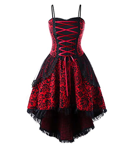 Minetom Damen Gothic Kleid Kariertes Schnüren Minikleid Strap Kleid Street Punk Halloween Cosplay Kleid Steampunk Vintage Rockabilly Kleid E Rot XL von Minetom