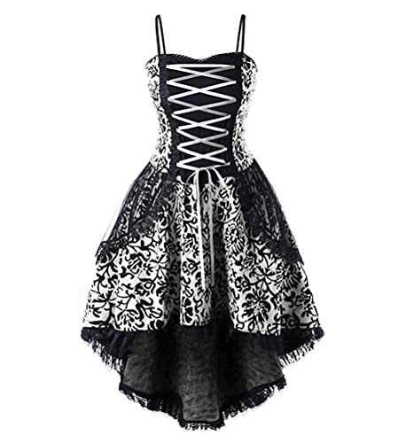 Minetom Damen Gothic Kleid Kariertes Schnüren Minikleid Strap Kleid Street Punk Halloween Cosplay Kleid Steampunk Vintage Rockabilly Kleid E Schwarz Weiß L von Minetom