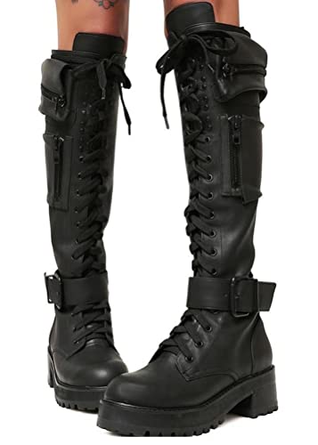 Minetom Damen Gothic Stiefel Punk Zipper Schnürboots Blockabsatz Motorrad Combat Langschaftstiefel Ritterstiefel A Schwarz 39 EU von Minetom