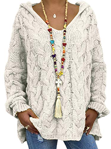 Minetom Damen Grobstrick Strickpullover mit Kapuze Oversize Kapuzenpullover Causal Langarm Hoodie Pulli Einfarbig Jumper Mantel Oberteile Tops Beige M von Minetom