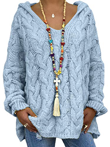 Minetom Damen Grobstrick Strickpullover mit Kapuze Oversize Kapuzenpullover Causal Langarm Hoodie Pulli Einfarbig Jumper Mantel Oberteile Tops Blau XXL von Minetom