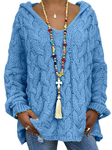 Minetom Damen Grobstrick Strickpullover mit Kapuze Oversize Kapuzenpullover Causal Langarm Hoodie Pulli Einfarbig Jumper Mantel Oberteile Tops Dunkelblau XXL von Minetom