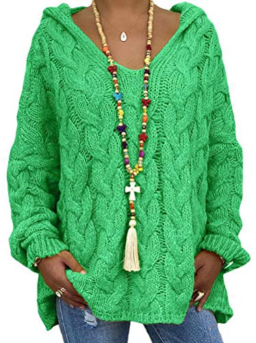 Minetom Damen Grobstrick Strickpullover mit Kapuze Oversize Kapuzenpullover Causal Langarm Hoodie Pulli Einfarbig Jumper Mantel Oberteile Tops Grün XXL von Minetom